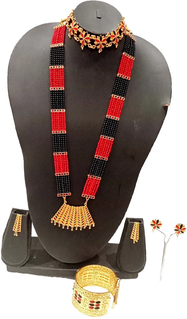 Assamese_Traditional_Gold_Plated_Red_Black_Colour_Combo_Jewellery_Set_For_Women